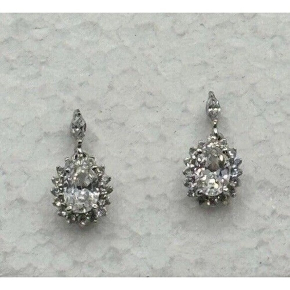 Cubic Zirconia Silver Tone Oval Halo Design Drop Bridal Prom Earrings Formal